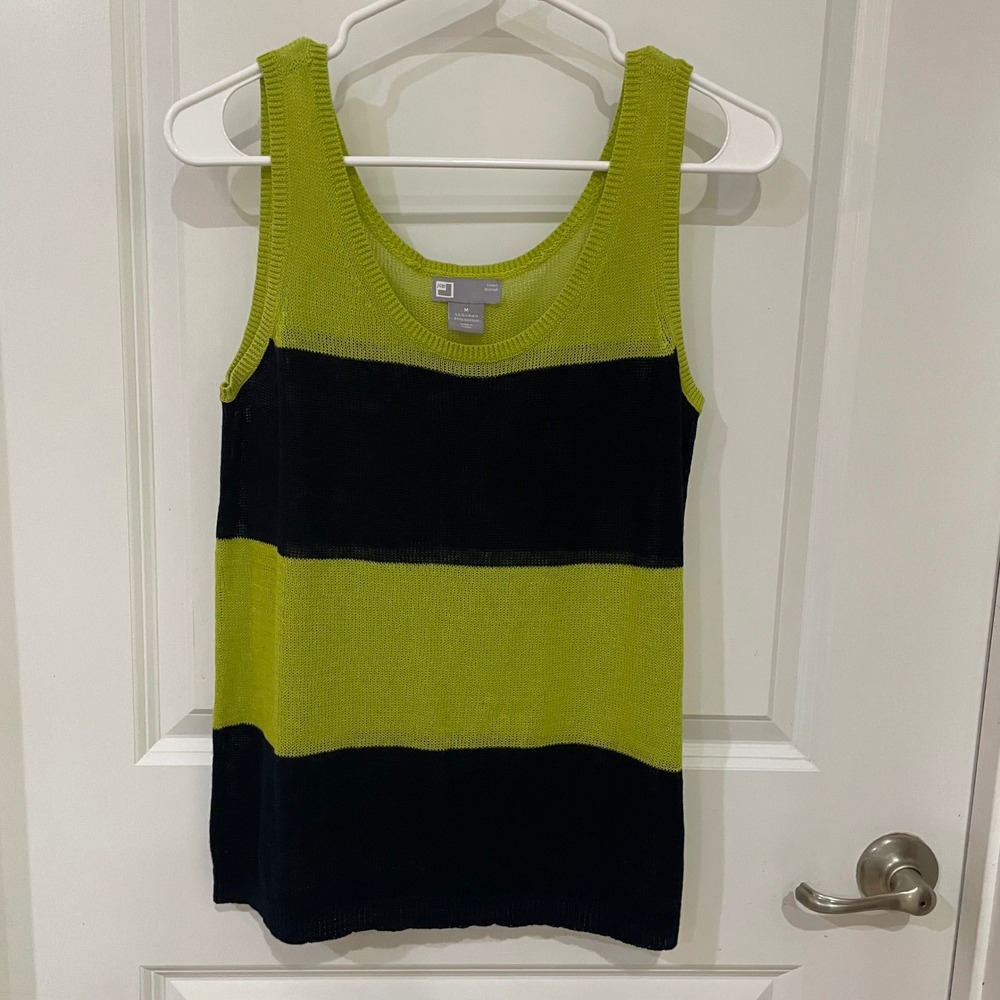 JCP Linen Blend Sweater Tank Top Lime Green Navy Blue Striped Knit Medium